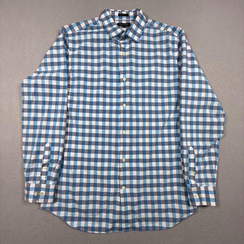 Banana Republic Men XL Grant Fit Blue Gingham 120s Supima Cotton Button Up Shirt